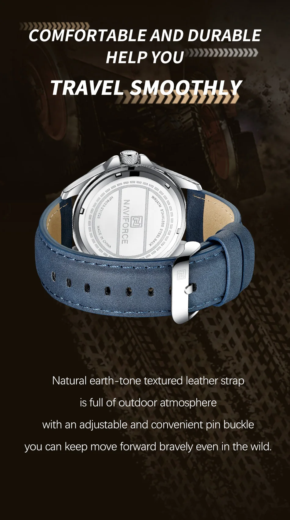 NAVIFORCE 8023 Men Wristwatch Top Brand Luxury Waterproof Watch Blue Genuine Leather Sport Quartz Original Male Clock