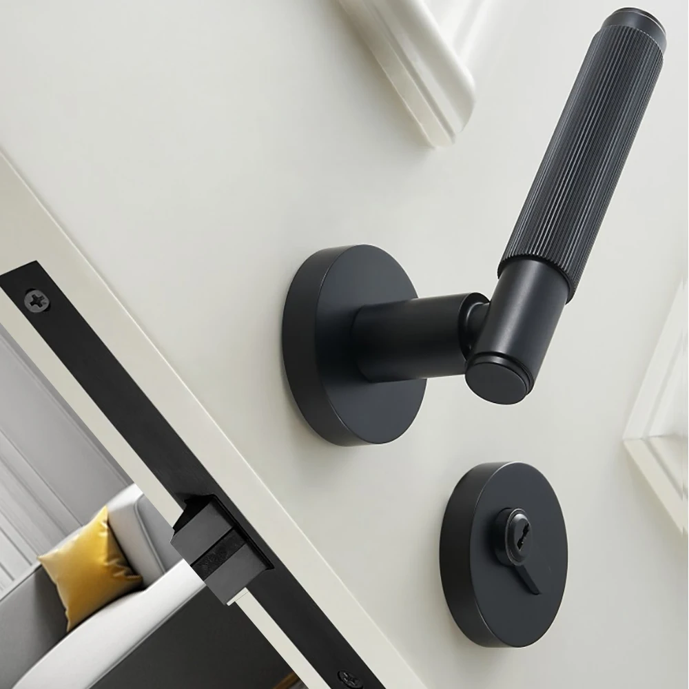 Luxury Zinc Door Handle Brass Knurled Door Lock Handle Set Euro Villa Interior Lever Matt Black