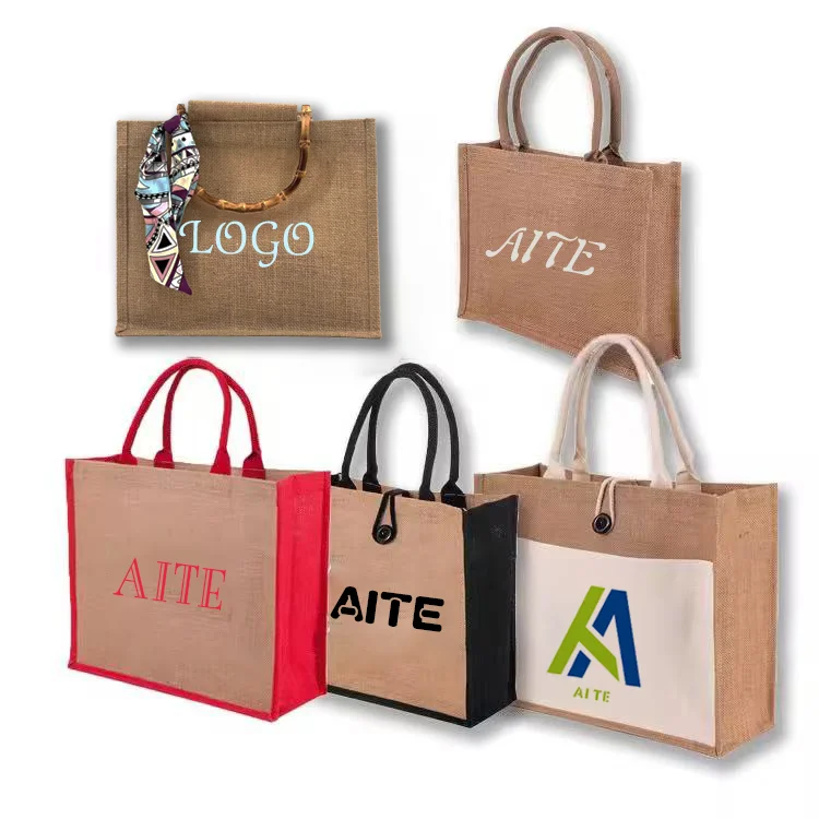 Custom Logo Eco-Friendly Jute Shopping Tote & Beach Bags with Shoulder Zipper Closure Long Rope Handle Folding Style