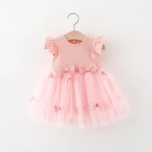 Wholesale Cute Bow Mesh Dress for Girls Boutique Inspired Summer Infant Casual Clothing with 3D Ruffles for Children