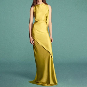 ZYHT 73980 Green Satin Floor Length Mermaid Fish Tail Hem Sleeveless Summer Party Wedding Women Clothes Dresses