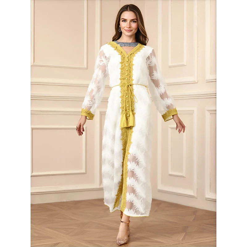 Modern 2 Piece Abaya Set for Women V-Neck Long Sleeve Islamic Dress Middle East Arabian Export Quality