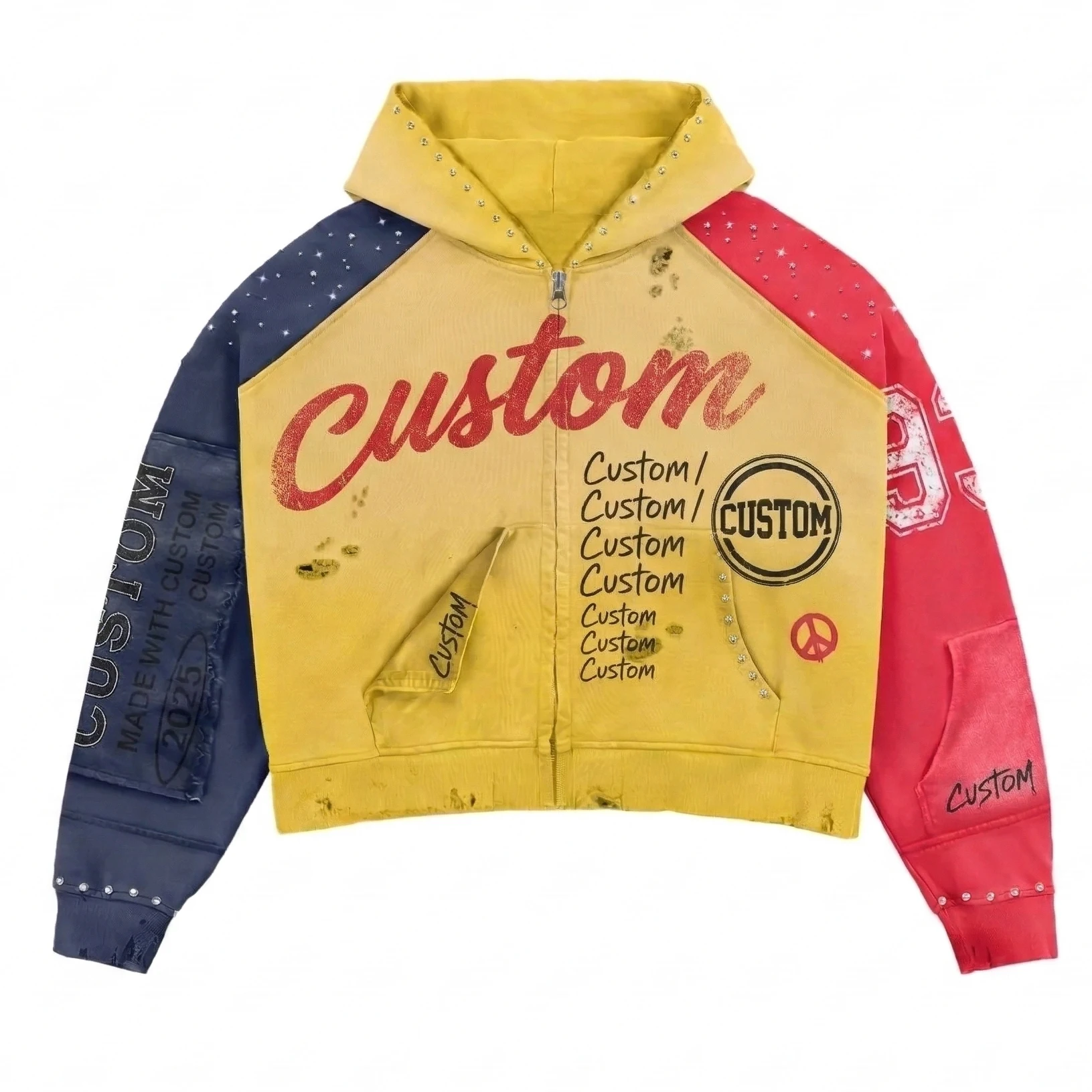hoodie Zip-Up Bergambar untuk Lelaki, Berat 500Gsm, Dibuat daripada French Terry, Basuh Klasik, Saiz Lebih Besar, Bergaya Kotak, Dilengkapi Kristal Imitasi, Dijahit Semula dengan Teknik Patchwork, Dibuat daripada Kapas, Sesuai untuk Semua Jenis Kelamin