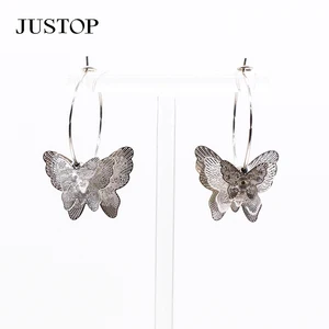 Trendy Silver-Plated Large Circle Butterfly Hoop Earrings for Women Exquisite Round Pendant Statement Jewelry for Weddings Gifts