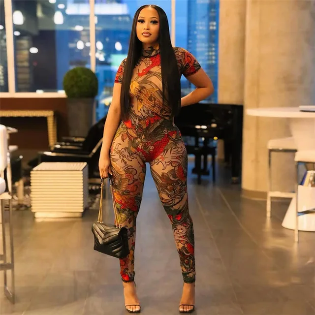 Backless Dragon Print Short Sleeve Stretchy Streetwear Bodycon One Piece Mesh Women's Jumpsuits