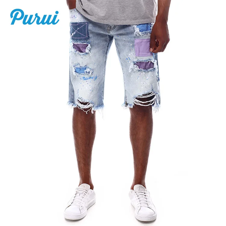 ripped patched denim shorts mens