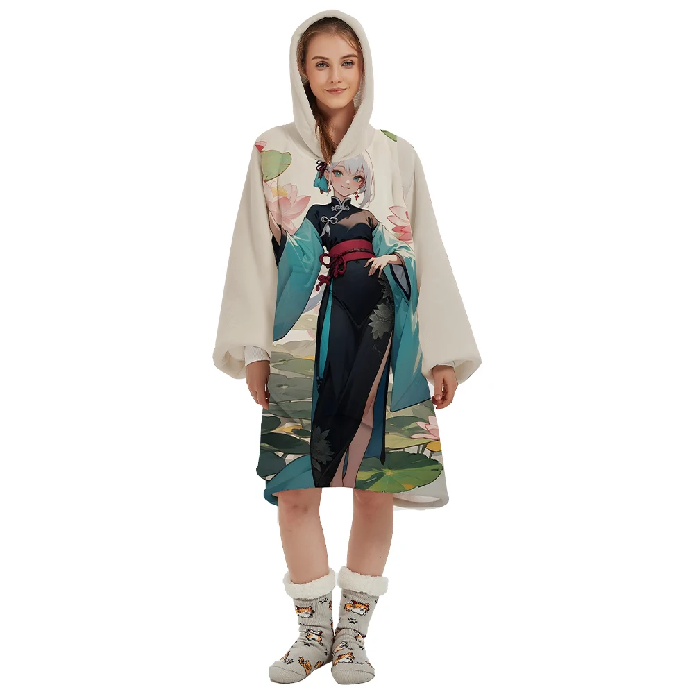 Original Factory Custom Anime Design Sherpa Sweatshirt Wearable Hooded Blankets Oversized Hoodie Blanket