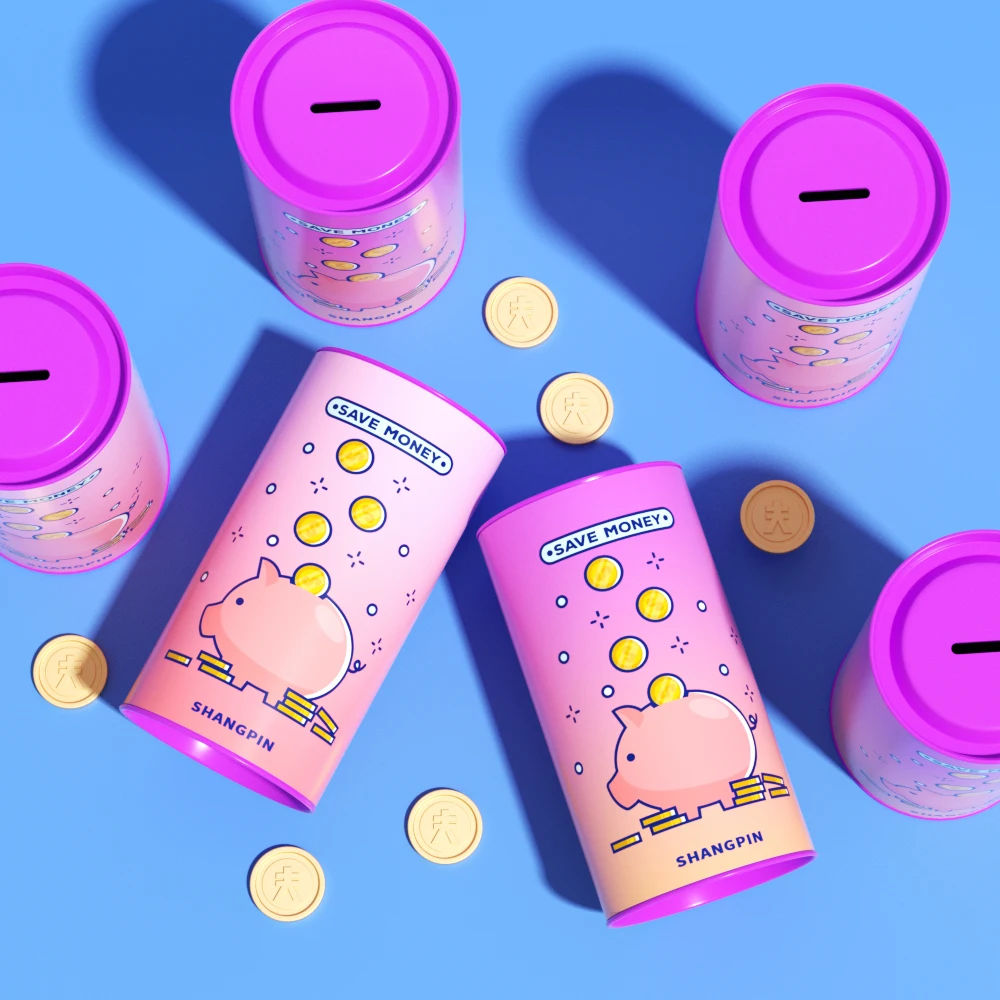 Promotional Cartoon Pattern Round Gift Paper Tube Double Side Open Coin Bank Piggy Bank Can Packaging Tube With Slot Metal Lid