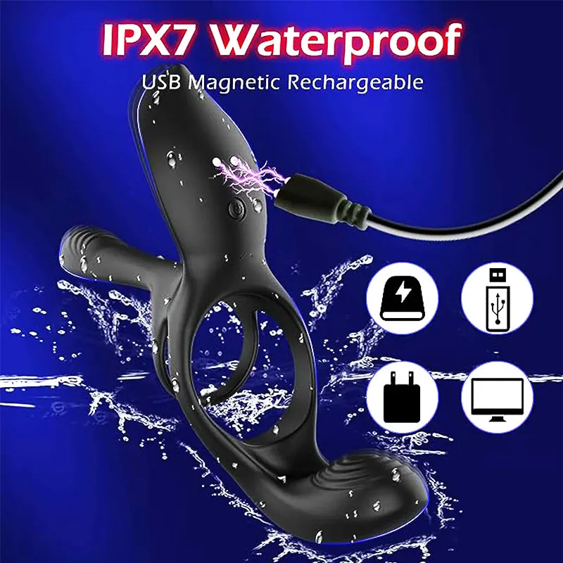 3 in 1 Vibrating Cock Ring With 10 Modes Penis Rings Vibrator for Man
