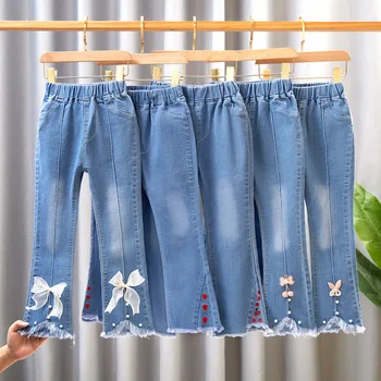 4-13T Jeans For Girls Elegant Bow Cute Denim Pants Sweet Bowknot Stretch  Lovely Spring Children Trousers Toddler Kids Lace Jeans - AliExpress