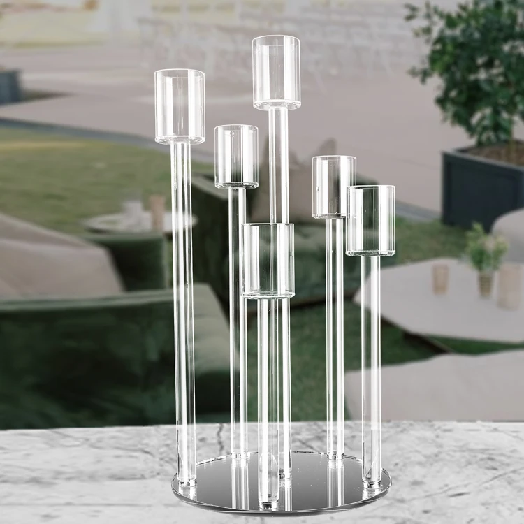 Brilhante Candelabro de Casamento de Cristal de 6 Braços Arranjos Centrais para Casamentos Peça Central de Mesa de Banquete de Hotel para Casamento Porta-Velas