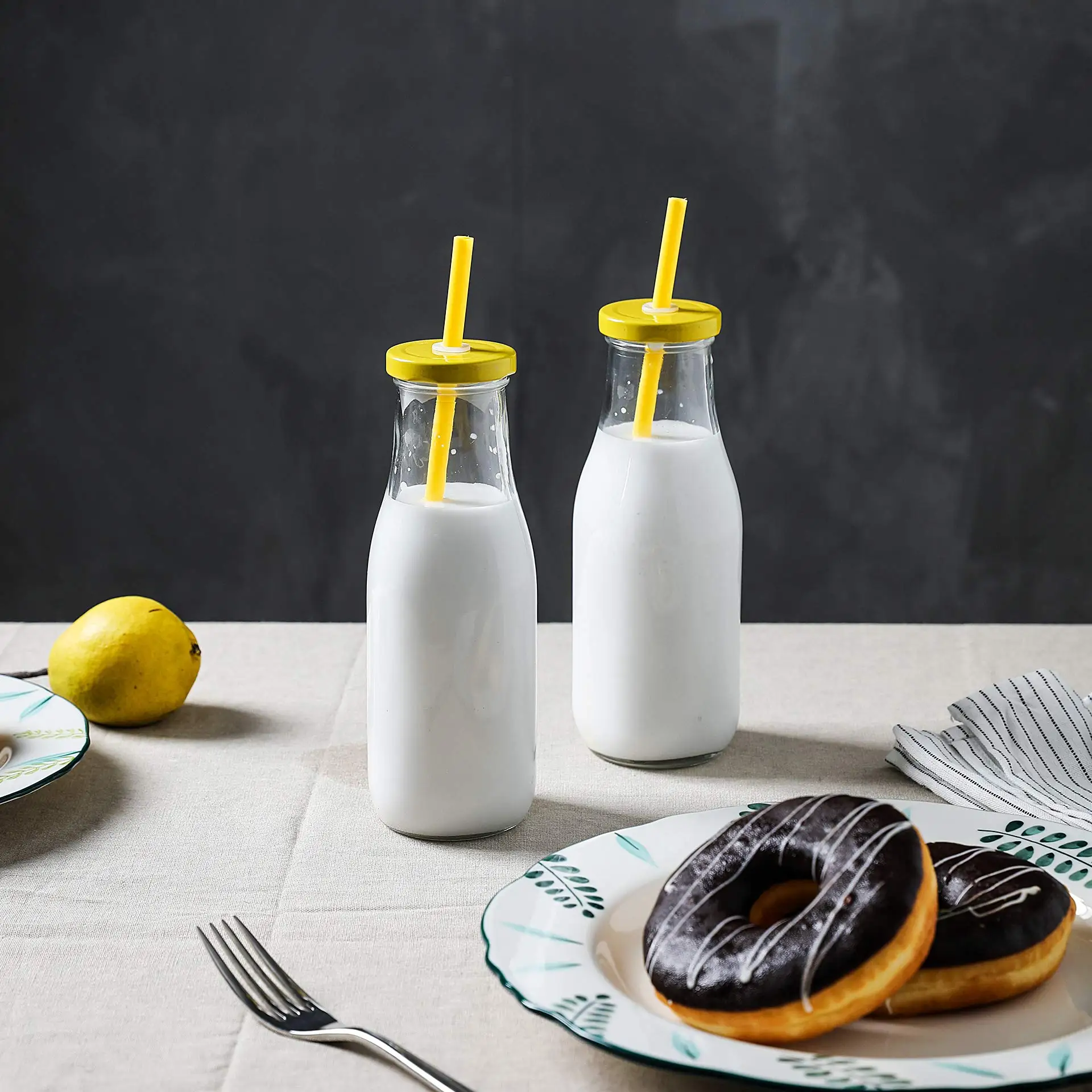 14 Oz Glass Milk Bottles with Colorful Metal Twist Lids and Straws Reusable for Milk Water and Juice