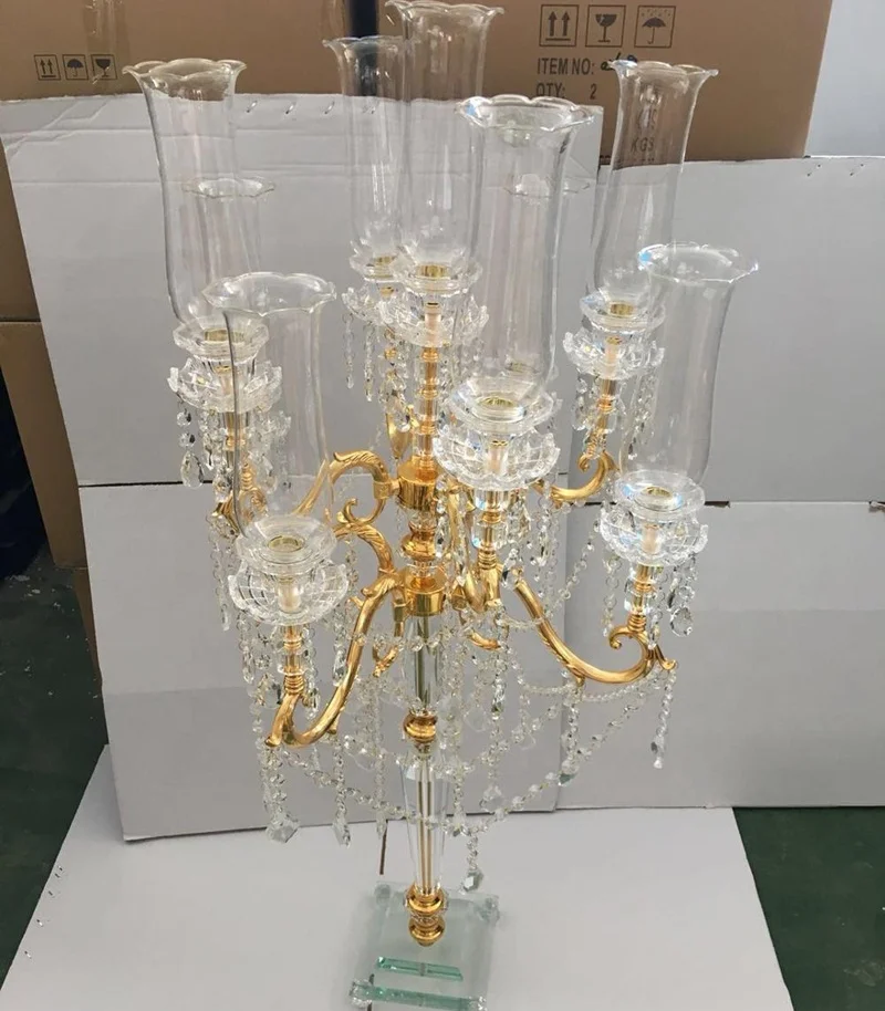 New Design 9 Arms Gold Color Wedding Tall Crystal Candelabra Centerpiece For Table Decoration