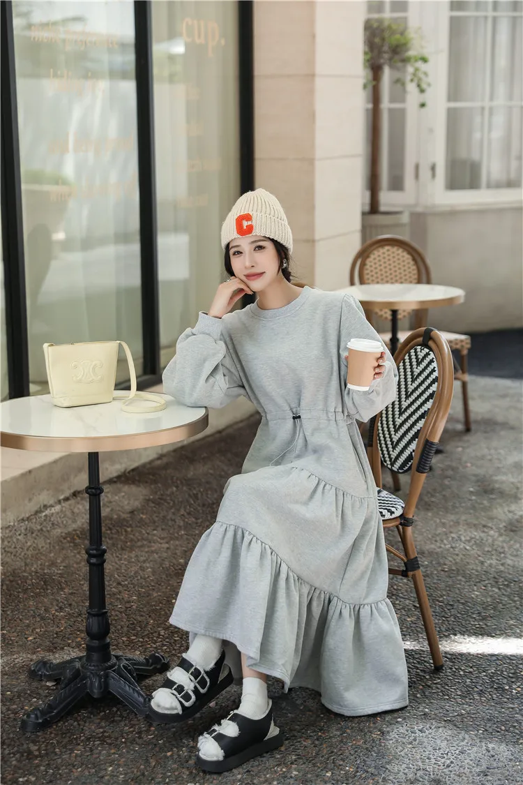 Stylish Winter Ladies Maxi Sweatshirt Dress Casual Oversized Plain Women  Pullover Long Drawstring Ruffled Hoodie Dresses Pockets