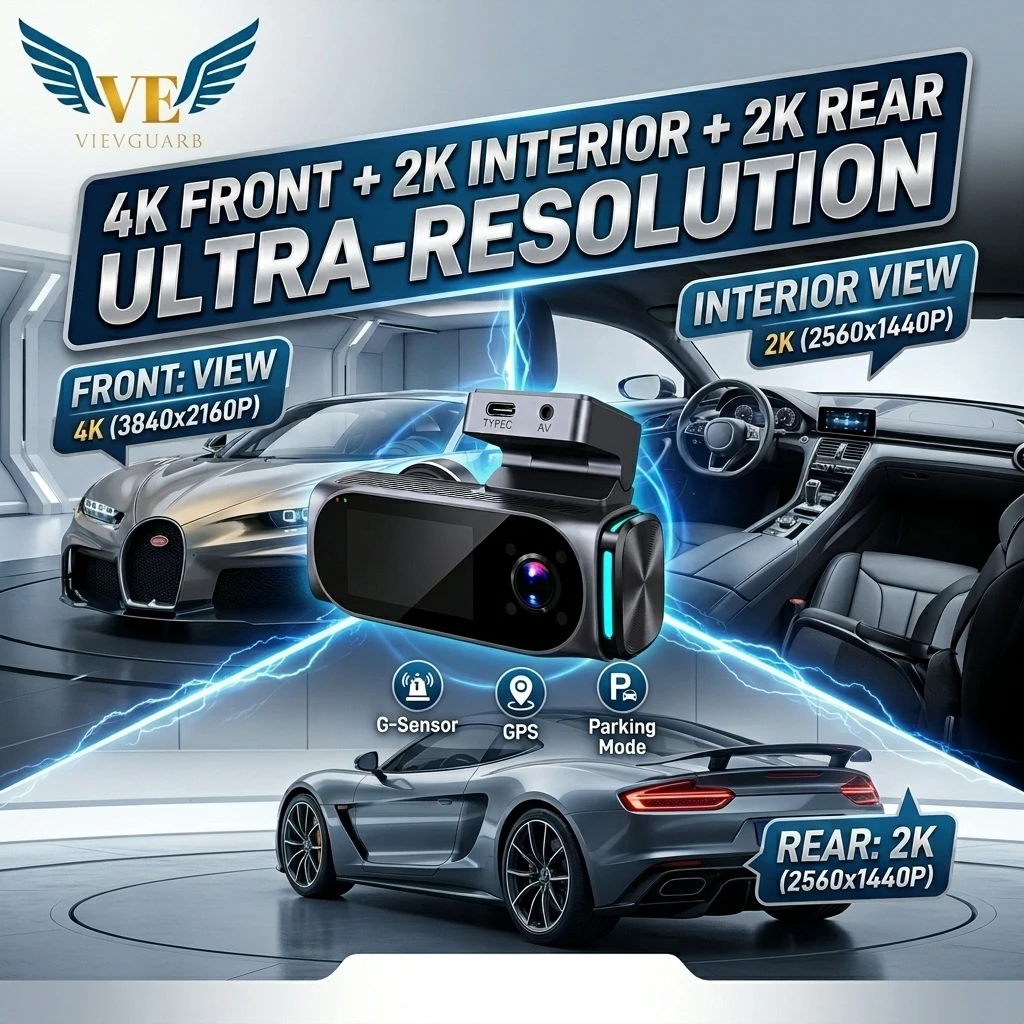 VIEVGUARB V10 Dash Cam Night Vision G-Sensor Loop Recording Parking Monitor App Control WDR 4K 3 Channel Front and Rear Mini