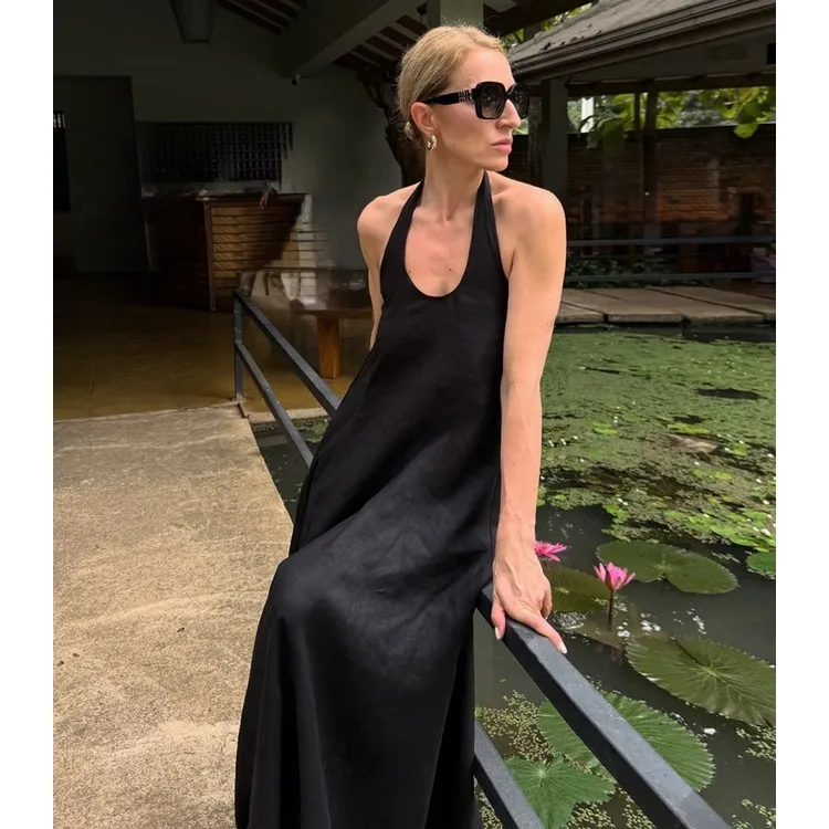 2026 Summer Women's European American Vacation Style Black Loose A-Line  Dress Elegant Retro U-Neck Cotton Linen Maxi Dress| Alibaba.com