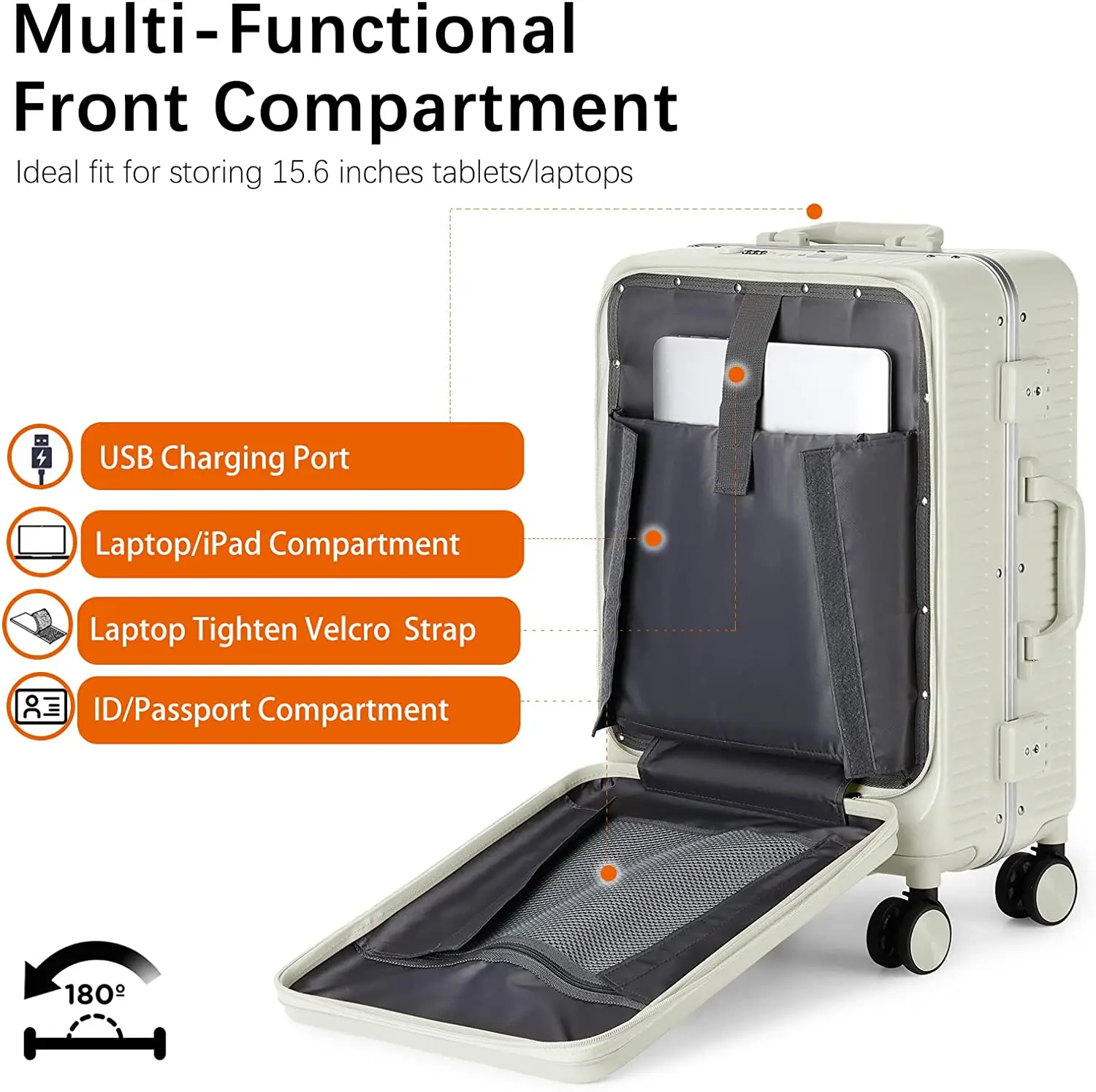 Carry On Luggage Pc Hardside Suitcase With Front Pocket Usb Charging