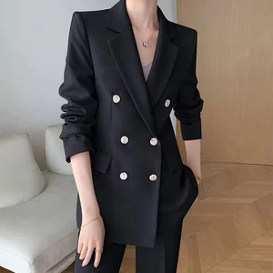 Double-Breasted Pink & Black 2-Piece Ladies Office Suit Elegant Formal Women's Blazers & Suits