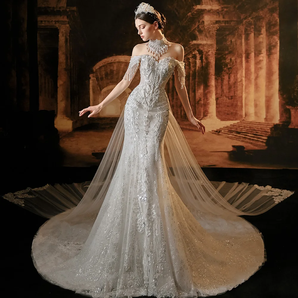 wedding dresses mermaid style with bling Luxurious Long Sleevess Beading Appliques Rhinestones Mermaid Wedding Dress with Sweep Train