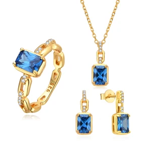 POLIVA Fine Jewelry Engagement Bridal Diamond Jewelry Set 925 Sterling Silver Blue Sapphire Zircon Ring Earrings Necklace Sets