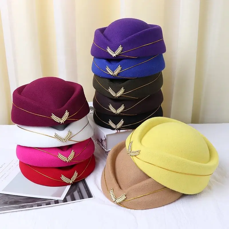 Stewardess Hat Air Hostess Hat Ladies Airline Uniform Hat Stewardess Beret Cap Plain High Quality OEM Blue Female
