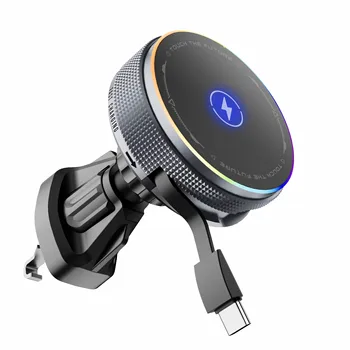 2025 New Arrival RGB Light Magnetic Car Phone Holder 15W Fast Charging Wireless Car Charger with Retractable Charging Cable