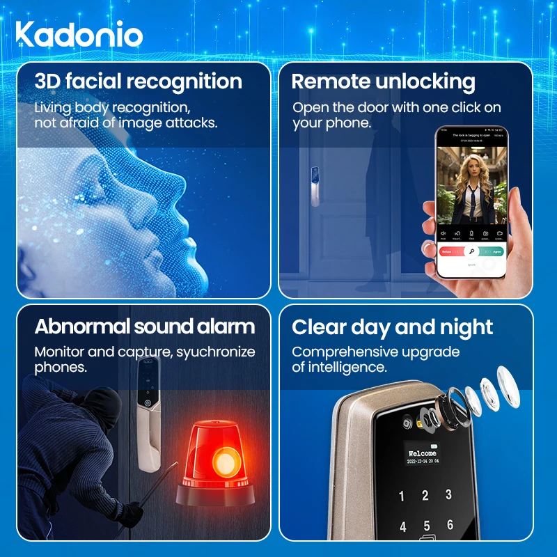 Kadonio Powerless Top Security Passive NFC 4 Electric Bolt Face Recognition Smart Metal Door Lock Main Gate Lock