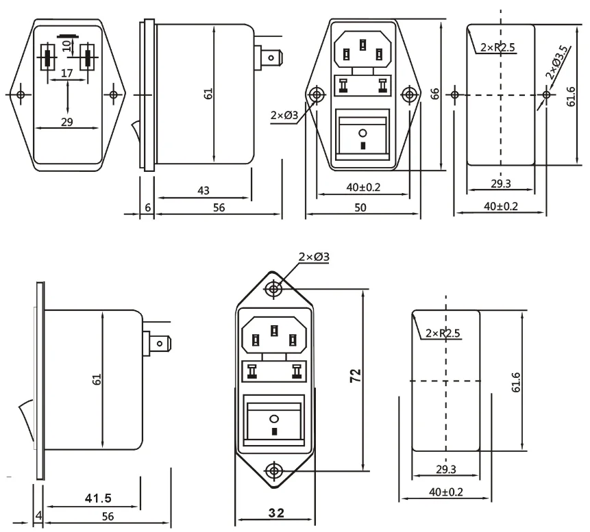 DBI5-S EMI Filter With Dual Fuse And Switch IEC Socket Power Filter 1A-10A