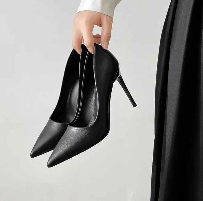 Women Black High Heeled Pointed Toe Shoes Office Lady Elegant Slip-on Thin  Heel PU Leather Velvet Business Base Simple Shoes