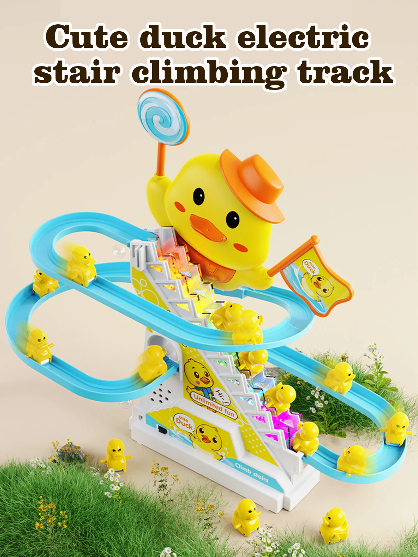 Children's Duck Climbing Stairs Toy Electric Track Automatic Stairs Duck Slide Light Music Puzzle Early Education Toy