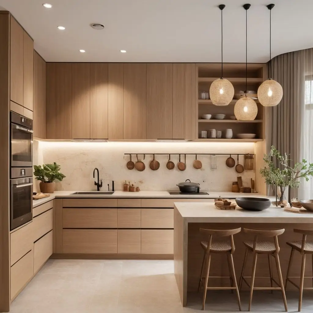 Vermonhouzz European Modern Design Style Custom Luxury Light Brown Cupboards Kitchen Cabinets and Glass Showcase
