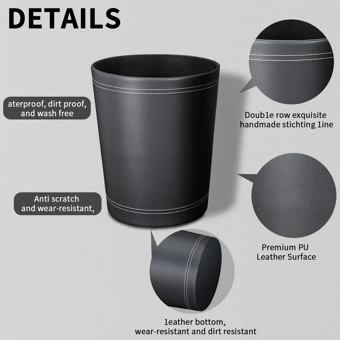 Круглый бытовой контейнер для мусора с открытым верхом из кожи и бумаги