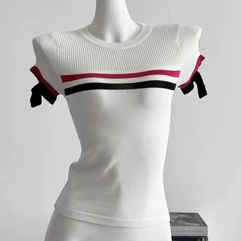 2025 Summer New Translucent Slim-Fit Inner Top for Women Waist-Cinching Slimming Knitted Short-Sleeved Sweet Translucent Thin
