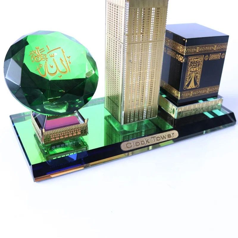 Religious Crystal Glass Makkah Mecca Clock Tower With Diamond Allah Kaaba Islamic Eid Souvenirs Gifts