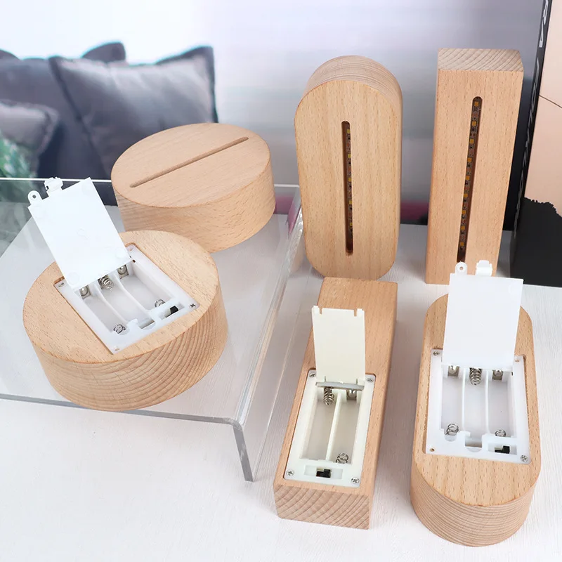 Solid Wood LED Light Base Rectangular Circular Oval Battery Low Voltage Acrylic Panel Creative Lamp Holder
