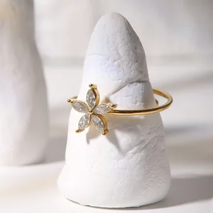 Ilona 18K Gold Plated Stainless Steel Ring Vintage Style Open Flower Shaped Zircon Women's Jewelry for Anniversary
