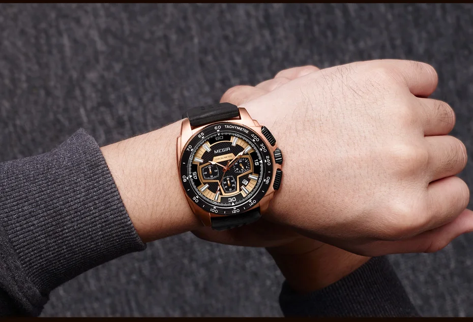 Megir 2056 Multi-function Chronograph Quartz Movement Luxury Black Men's Wristwatch Sports Silicone Fashion Watch Quartz Watches