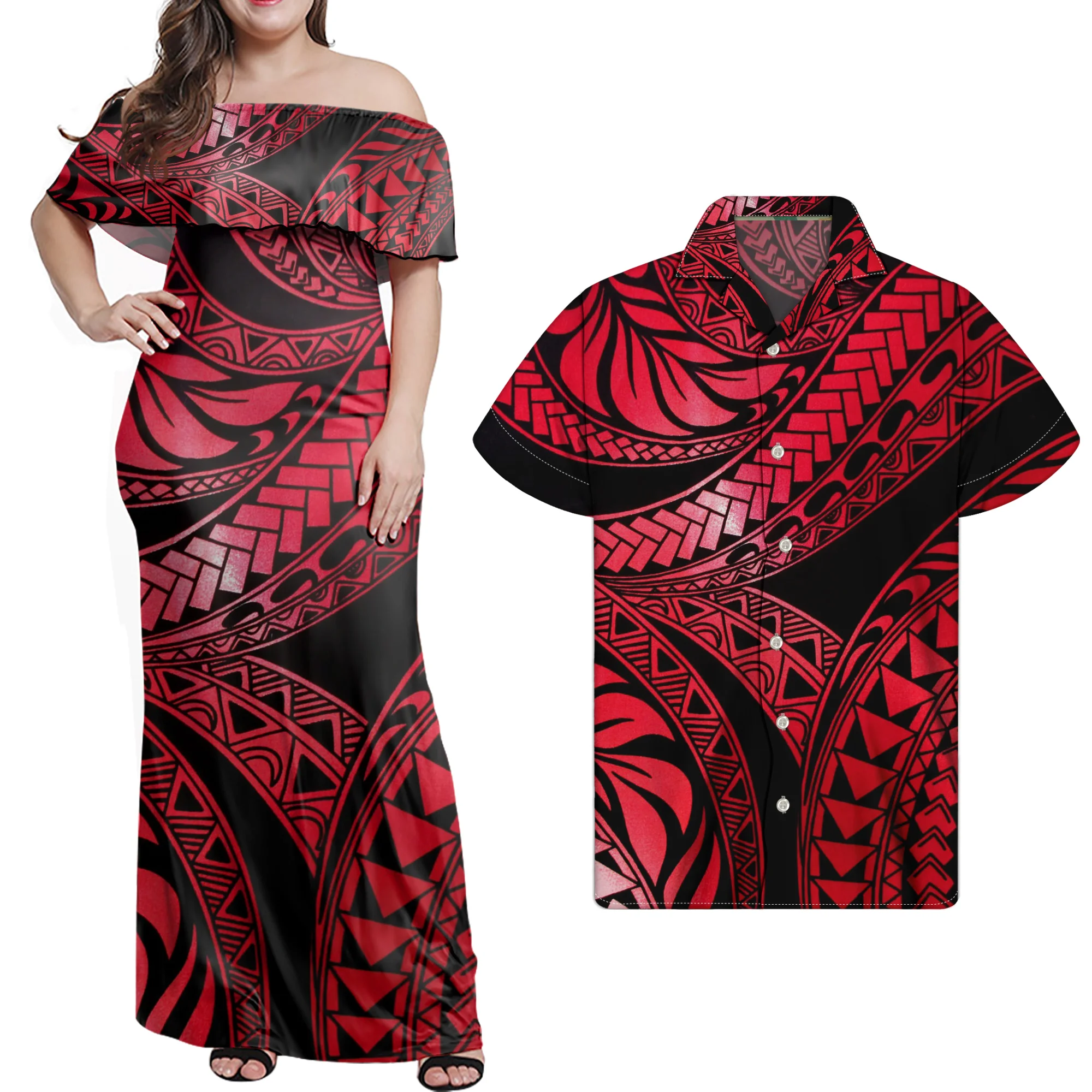 Vintage Polynesian Samoa Tribal Print Custom Oversized Couple Outfits Women Sexy Off Shoulder Dresses with Men Shirts Outdoor
