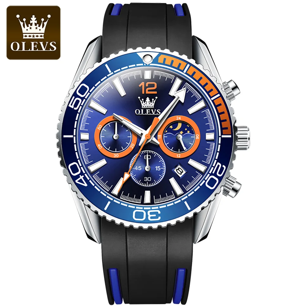 Olevs Original Men's Quartz Watch Leather Strap Diamond Design Fashion Simplicity Business Wrist Watch for Men Auto Date Clock, Size: One size, Blue