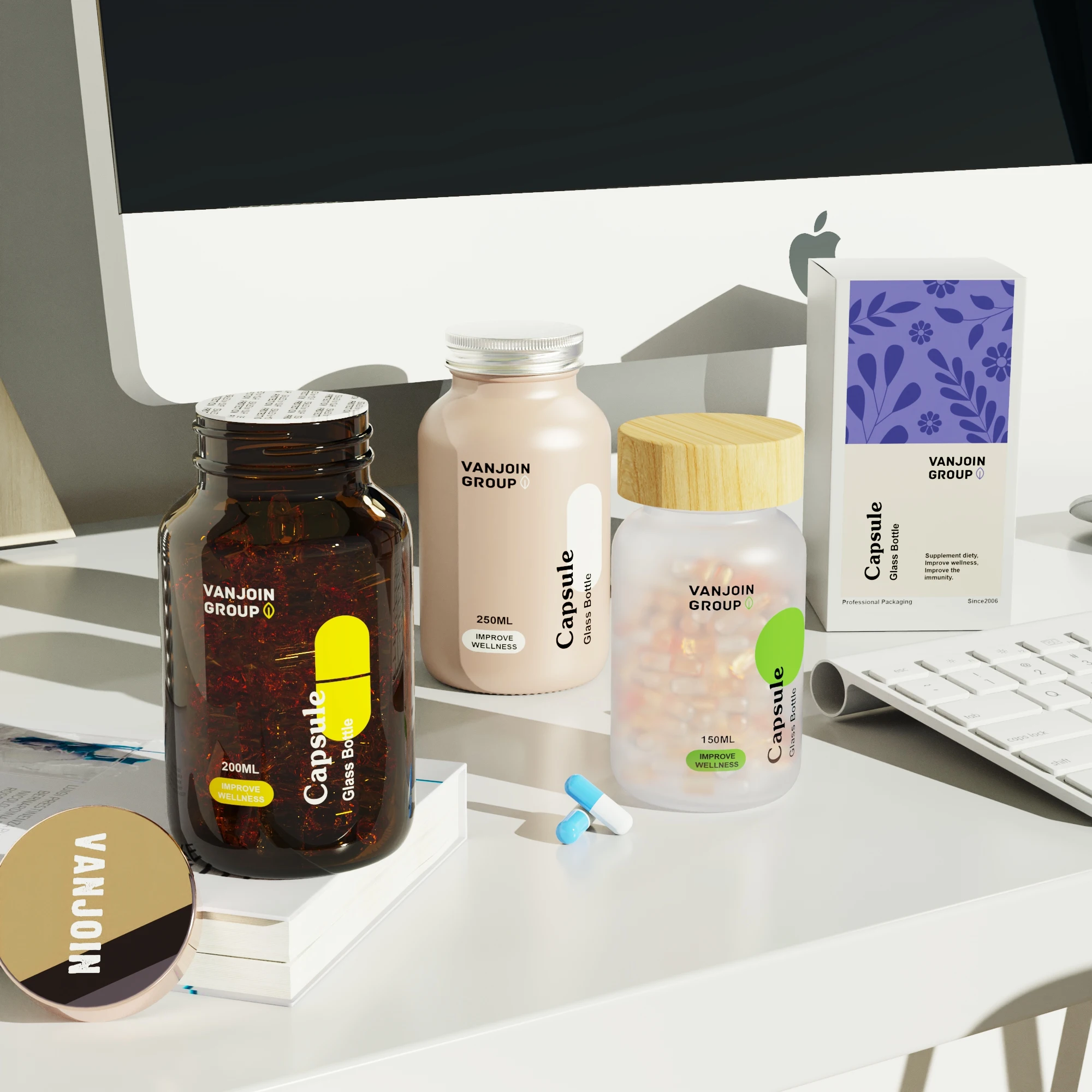 100ml 150ml 200ml 250ml Customized Clear Frosted Pharmaceutical Capsule Medicine Pill Empty Glass Bottles With Wood Lid and Seal