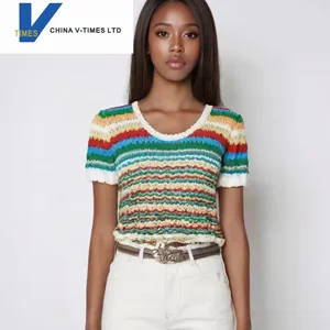 China V-times 2026 Summer New Design Casual Women's Top Color-Blocked Striped Hollow-Out Short-Sleeve Knit Top with Front Logo