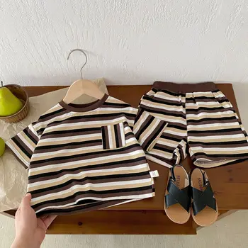 Children's striped suit 0-5 Summer Girls simple T-shirt boys' fashion shorts two-piece set