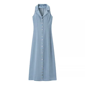 Cross-border New Women's European and American Style Blue Sexy Button Maxi Skinny Denim Dress Simple Washed Summer Daily Wear