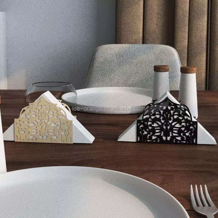 2023 Ramadan Kareem Flat Wooden Base Serviette Napkin Holder Gold Arm With Luxurious Packaging for Dining Table