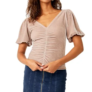 Spring Clothing Lady Elegant Tops V-Neck and V-back Puff Sleeves Slim Ruched Velvet Casual Crop Tops Women's Blouse
