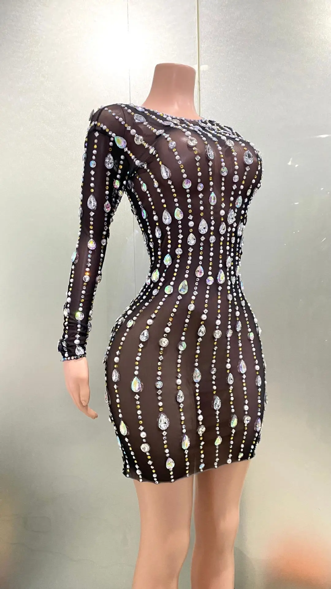 Shiny Drop-shaped Diamond Sexy See-through Mesh Tight Dress Fashion Hot ...