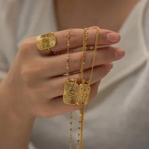 Hot Sales 18K Gold Plated Stainless Steel Inlaid Colorful Zircon Square Shape Snake Necklace Ring Jewelry Set-for Gift