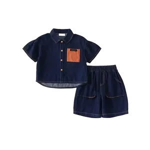 OEM Factory Direct Short Sleeve Shirt Denim Two Piece Set Summer Custom Logo Boys Clothing