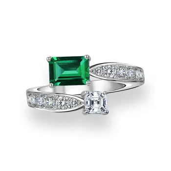 Open Ring with Emerald and CZ Stone 925 Silver emerald green stone Adjustable rings