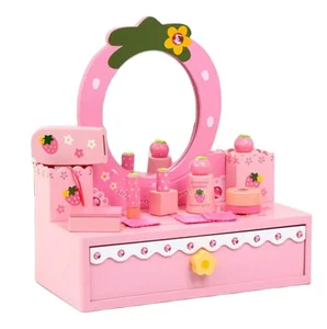 EDULAND Strawberry Design Wooden Kids Mini Vanity Children Dressing Table Toy for Kids